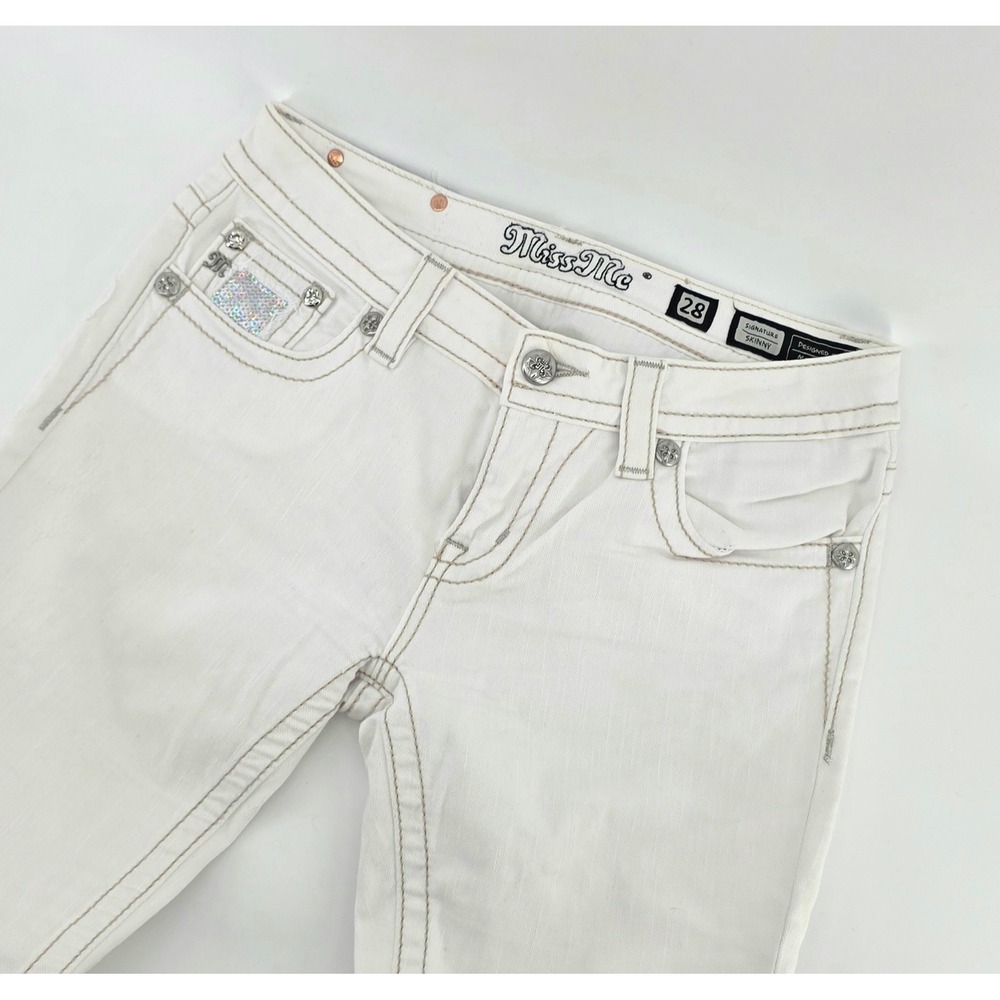 Miss Me Y2K Signature Skinny Jeans Women's Size 28 White Low Rise Denim Bling